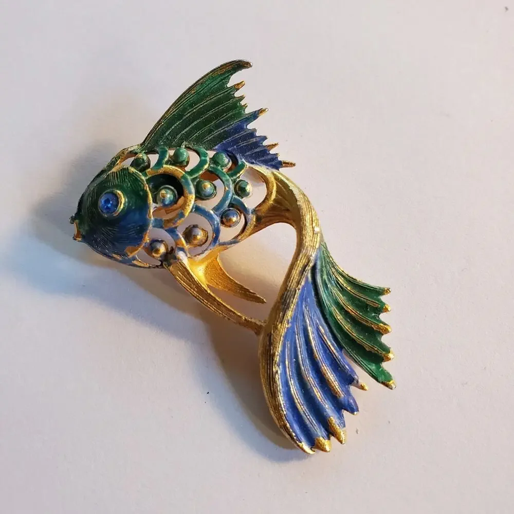 Vintage Gold tone metal and painted green and blue fancy fish brooch 2" - Picture 1 of 4